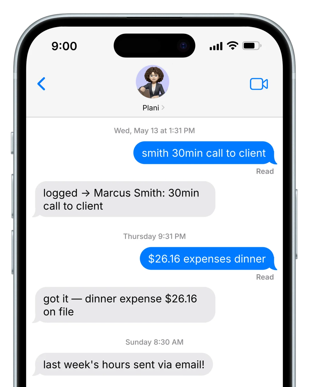 An attorney texting Plani "smith 30min call to client" and Plani replying "logged, Marcus Smith: 30min call to client"